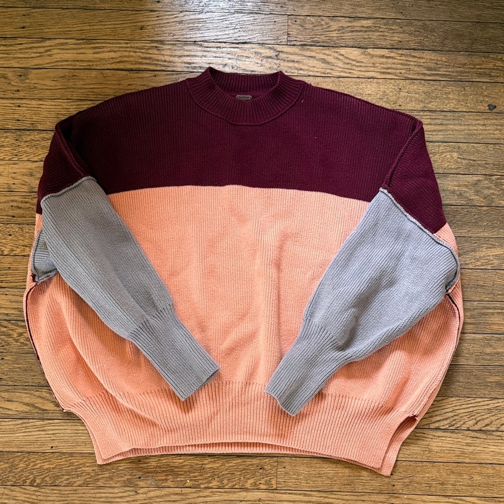 Free People Crewneck Sweater - Burgundy, Peach, and Gray